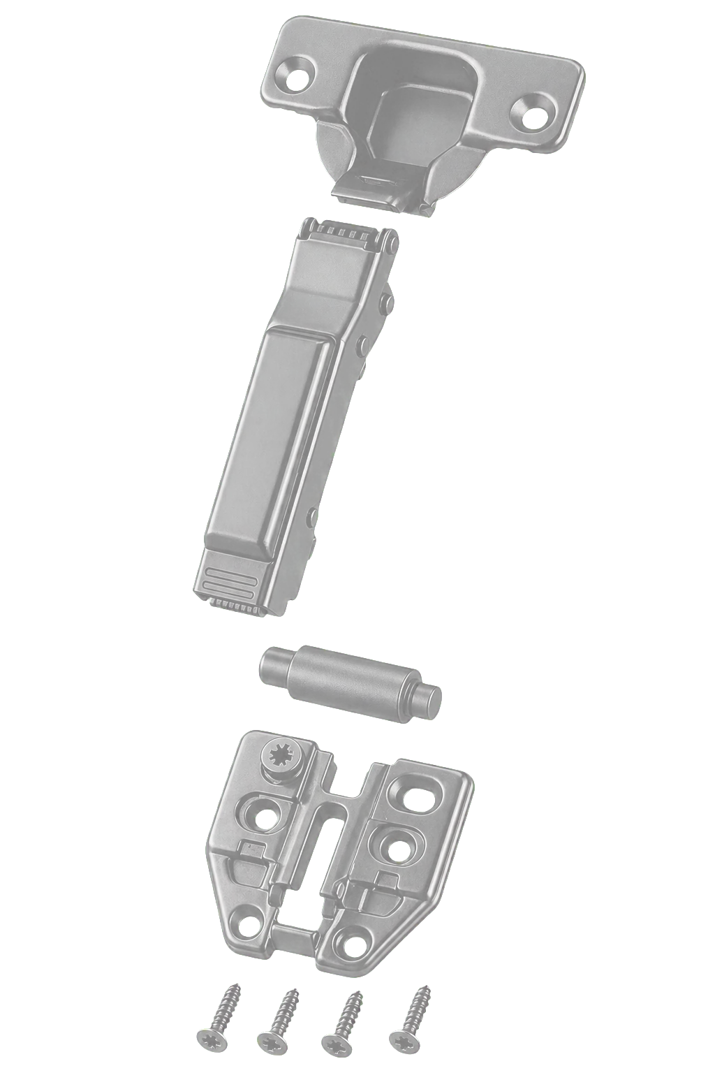 Exploded hydraulic hinge showing cup, arm, damper, mounting plate and screws