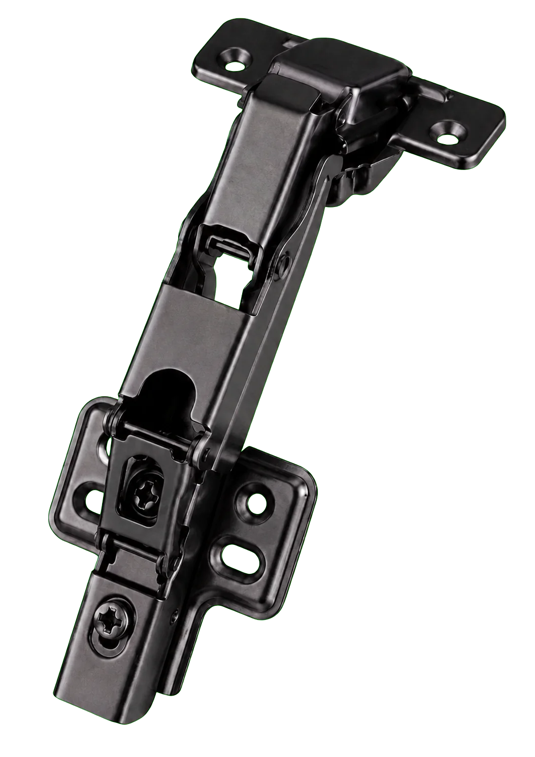 Front view of premium black hydraulic cabinet hinge